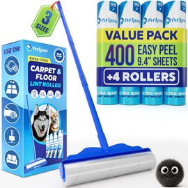 PetLovers Large Lint Roller with 3 Refills – 400 Total Sheets for Tackling Pet Hair, Extra Large Floor and Carpet Roller for Homes with Pets, Perfect for Floors, Furniture, and Loving Pet Owners