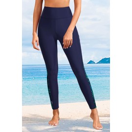 Holipick Women's Swim Pants UPF 50+ Swim Leggings High Waisted Long Swimming Pants Blue Leaves