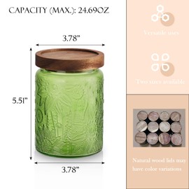 TkoYuHm 2 pack Decorative Mason Jars with Wooden Lids Colored Glass Kitchen Canister for Coffee Tea Cookie Airtight Vintage Food Storage Container with Embossed Floral Pattern (Green Floral, Small)
