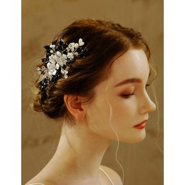 Teyglen Black Crystal Hair Comb Rhinestone Wedding Hair Piece for Bride Bridal Black Rhinestone Side Comb Bridal Flower Pearl Headpiece Wedding Hair Accessories for Women Bride Girls
