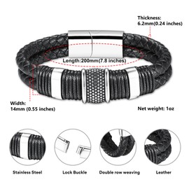 USWEL Mens Leather Bracelet,Pulseras Para Hombres,Double Row Braided,Stainless Steel Snap Bracelet,Black Wide Braclets,Jewelry for Men,Men's with Gift Box (A-Black)