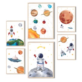 MeinBaby123® Children's Room Poster Astronaut | Set of 6 Poster Set 2 x DIN A4 & 4 x DIN A5 | Space Rockets Planets | Children's Room Decoration Girl Boy | Baby Room (Astronaut V2)