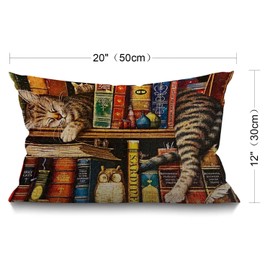 BGBDEIA Cat Cushion Cover Funny Cartoon Bookshelf Sleeping Cat Cotton Linen Decorative Rectangular Throw Pillow Cover Pillowcase for Sofa and Bed Couch 12"X20" 30 x 50 cm