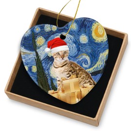 Cat Christmas Ornament Cat Lover Gifts Cat Christmas Decorations Ceramic Christmas Tree Ornaments - Cute Bengal Cat with Xmas Hat