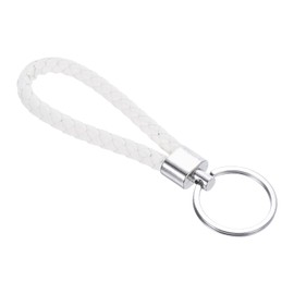 PATIKIL Braided Leather Keychain with Stainless Steel Key Ring, PU Woven Wristlet Lanyard Strap Fob Keyring Holder for Car Bag Wallet Pendant, White