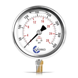 CARBO Instruments 400 PSI Glycerin Liquid Filled Pressure Gauge, 4" Dial, 1/4 NPT Lower Mount, 304 Stainless Steel Case, Brass Wetted Parts, Dual Scale PSI/Bar - ASME B40.1 Grade A