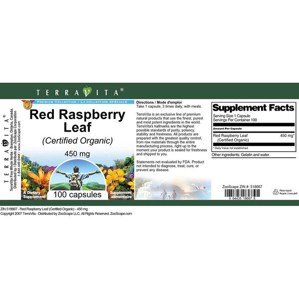 Red Raspberry Leaf (Certified Organic) - 450 mg (100 Capsules, ZIN: 518667) - 3 Pack
