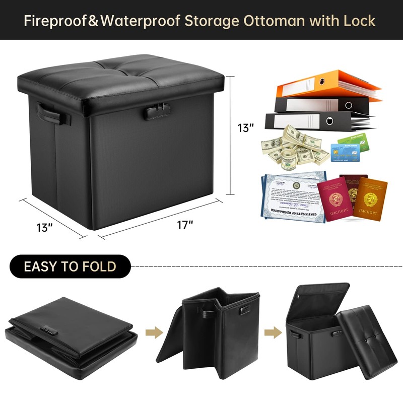 DocSafe Storage Ottoman with Lock,Fireproof Folding Ottoman Foot Rest Stool