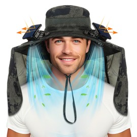 Chuarry Wide Brim Sun Hat with 2 Fan Outdoor Solar Powered USB Charging Fishing Hat with Neck Flap for Men Women(Military Green Camouflage)