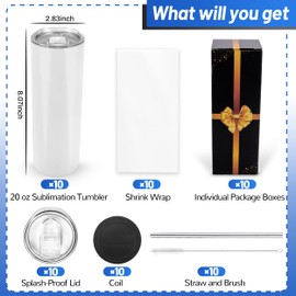 Joyclub Sublimation Tumblers Blanks 20 oz 10 Pack Skinny Straight Tumblers Bulk Stainless Steel Insulated Sublimation Cups with Lid and Straw, Gift Box