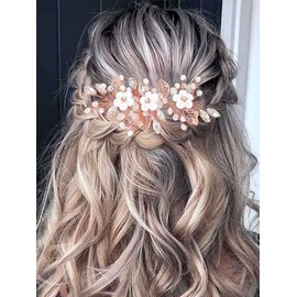 Unicra Tocado de novia con flores plateadas, hojas de parra, accesorios para el cabello con diamantes de imitación, tocados de cuentas, joyería para mujeres y niñas (oro rosa)