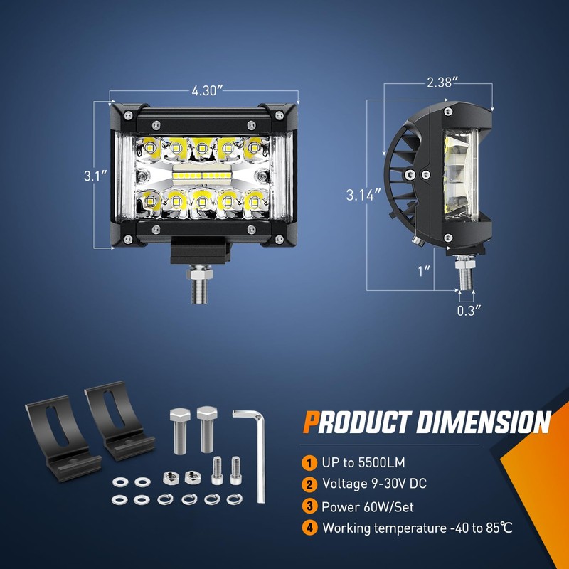 Nilight Side Shooter LED Light Bar 2PCS 4.3 Inch Triple