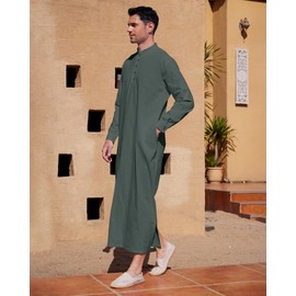 YAOHUOLE Men's Long Sleeve Kaftan Thobe Men's Button down Kaftans Dark Gray L