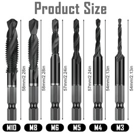 High Speed Steel Tap Set, M3/M4/M5/M6/M8/M10 Screw Tap Drill Bits, 1/4 Hex Shank Combination Drill, Metric, 6542 High Speed Steel, Titanium Coating