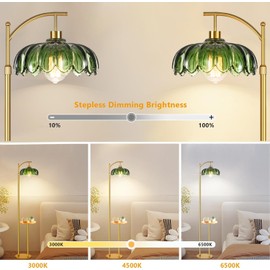 Arc Floor Lamp with Table and Shelves,Gold Floor Lamp for Living Room Glass Floor Lamps with Remote Control & 3 Color Temperature,Dimmable Standing Lamp Tall Flower Floor Lamps for Bedroom Corner