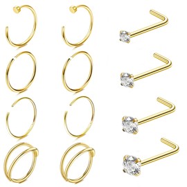 Kakonia Nose Piercing Ring Stud for Men and Women 20G 316L Stainless Steel Nose Ring Piercing L-Shaped Nose Stud Nostril Piercing Nose Ring Helix Tragus Piercing Set of 12, Stainless Steel