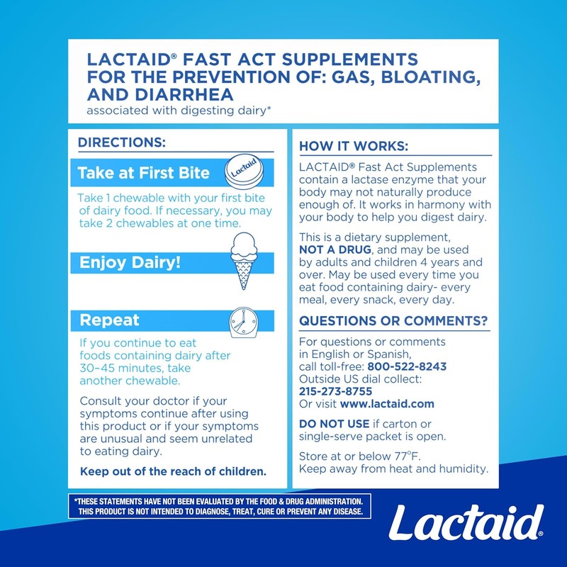 Lactaid Fast Act Lactose Intolerance Relief Chewables with Natural Lactase