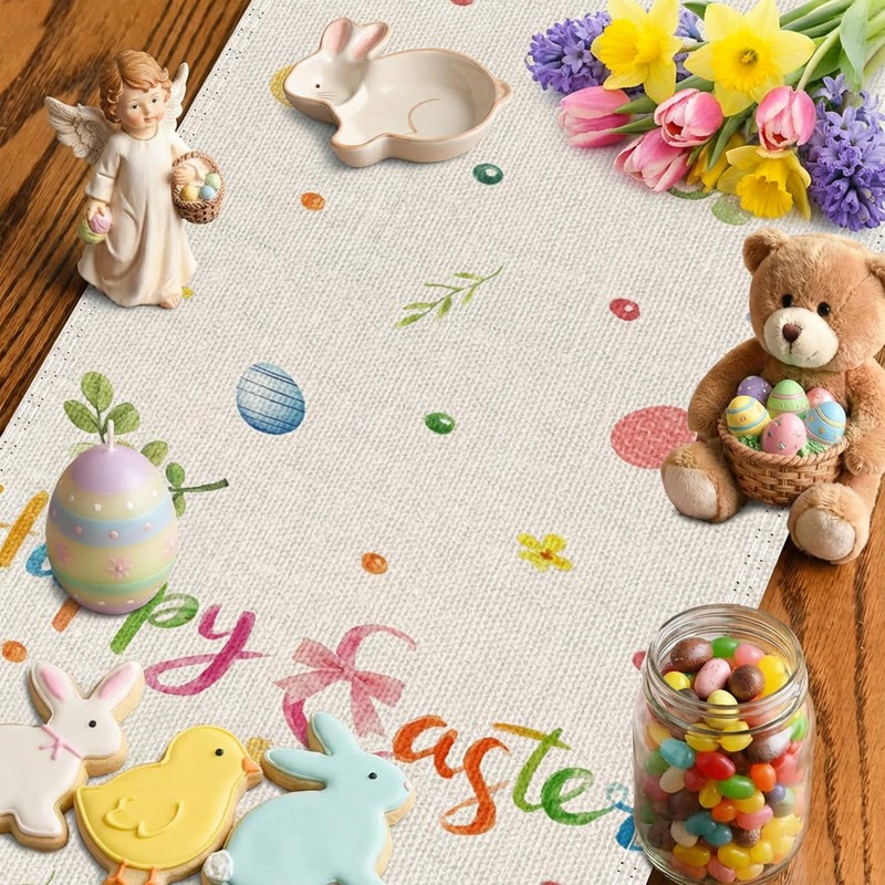 Rabbit Bunny Happy Easter Table Runner, Seasonal Spring Kitchen Dining