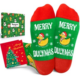 HAPPYPOP Christmas Duck Socks & Card - Fun Rubber Duck Gifts with Greeting Card for Kids Boys Girls 10-12 Years, Festive Christmas Stocking Stuffers