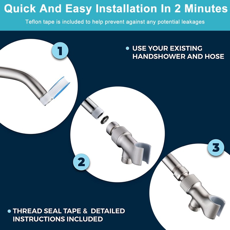 Brushed Nickel Metal Shower Head Holder - Adjustable Mount for