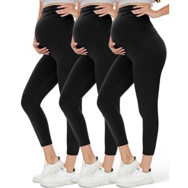 HLTPRO 1/3 Pack Maternity Leggings Over The Belly - Maternity Pants with Pockets for Women Pregnancy Workout Yoga Leggings Black/Black/Black