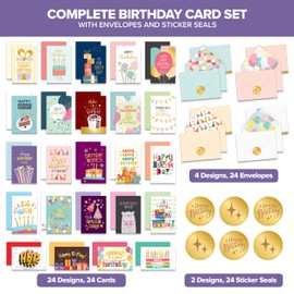 Decorably 24 Gold Foiled Blank Birthday Cards with Envelopes & Stickers - 24 Designs Blank Inside Pack of Birthday Cards Blank, 4x6in Birthday Cards Set, Pack of Birthday Cards with Envelopes