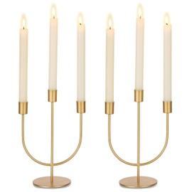 Sziqiqi Candelabro dorado de 3 brazos de metal para centros de mesa de boda, juego de 2 portavelas para velas tipo taper para comedor, café, decoración de mesa