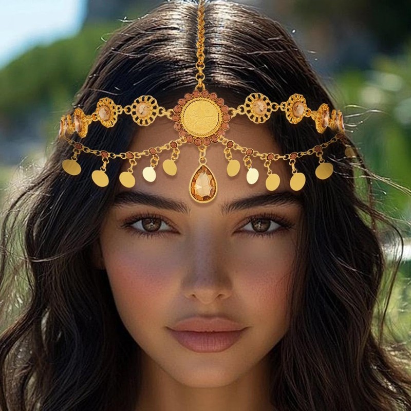 Banatra Boho Head Chain Gold Sequins Hair Chain Layered Crystal