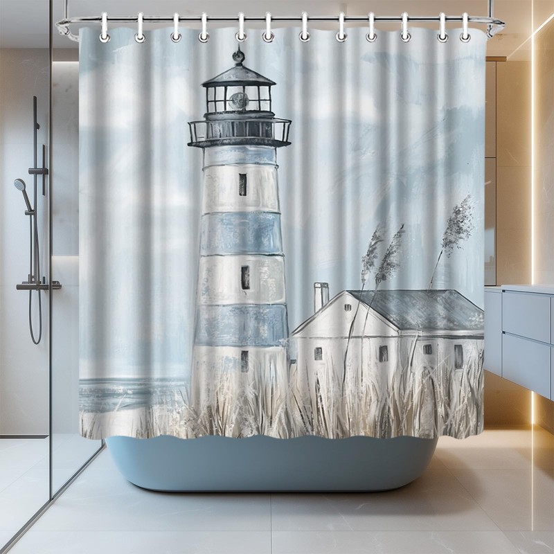 LeAquaNook Nautical Lighthouse Shower Curtain for Bathroom Blue Ocean Painting
