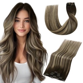 Vivien Hair Extensions Real Hair Clips Ombre Clip-In Extensions Real Hair Balayage Medium Brown to Honey Blonde Human Hair 22 Inches 80 g 5 Pieces