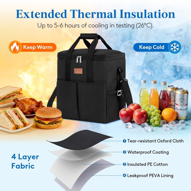 Lifewit Insulated Cool Bag with 30-Can Capacity, Black