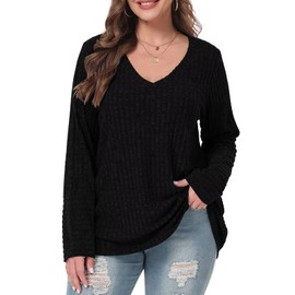 BELAROI Long Sleeve Tops for Women Plus Size Sweaters Fall Casual Shirts V Neck Tunic Sweater Pullover Lightweight Loose Fit (3X, V6-Black)