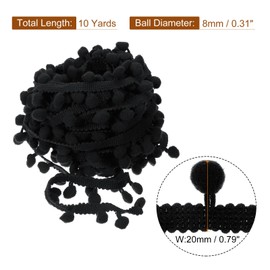 sourcing map 10 Yards Pom Pom Ball Fringe Trim, Ribbon Sewing Accessory DIY Crafts for Home Curtain Clothes Pillow Decoration (8mm, Black)