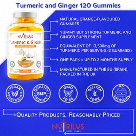 Turmeric and Ginger 120 Natural Orange Gummies - High Strength, Vegan Supplement - Large Pack - 13,500mg per Serving - 95% Curcuminoids