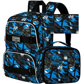 17 Inches Boys Backpack, 3Pcs School Bookbag Set for Teens College Students, Graffiti Laptop Backpacks with Lunch Box (Blue)