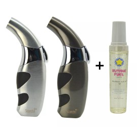 2X Scorch Refillable Torch Metal Silver, Black Lighter & One Butane Fuel