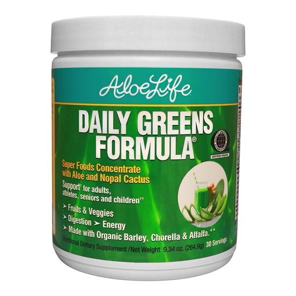Aloe Life - Daily Greens Powder, QAI-Certified Organic Health Supplement, Antioxidants, 21 Fruits, Veggies, & Herbs Including Aloe & Nopal Cactus, Low-Calorie, Keto-Friendly, Gluten-Free (30 Servings)