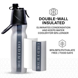 COLD FACTOR Insulated Water Bottle with Cooling Spray – Refillable Sport Bottle for Gym, Cycling, Fitness, and Outdoor Sports, Bike BPA Free, Reusable Design for Training and Travel, 20oz Black/White