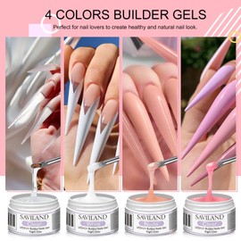 Saviland Builder Nail Gel Kit - 4 Colors Clear Nudes White Pink Hard Gel for Nail Strengthen Nail Extension Gel Kit with 100PCS Nail Forms and Acrylic Nail Brush for Beginners & Professionals
