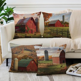 Qinqingo Farmhouse Fall Throw Pillow Covers 18x18 Set of 4, Double-Sided White Linen Cushion Covers with Rustic Red Barn and Silo Design Pillowcases for Couch Sofa Home Decor