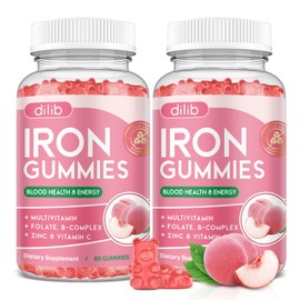 Iron Gummies with Multivitamin, Iron Supplement for Women & Men, Kids Multivitamin with Zinc, Vitamin B Complex & C, B12, Folate - Blood Builder, Energy Support, Peach Flavor, Vegan 120 Gummies