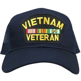 Military Vietnam Veteran Large Embroidered Iron on Patch Adjustable Mesh Trucker Cap - Navy