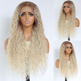 SALLYWELL Omber Blonde Loose Curly Lace Front Synthetic Wig Light Blonde 13×4 Lace Front Wigs Glueless Heat-resistant Comfortable Breathable Synthetic Wig Suitable For Black Women(24Inch)