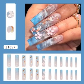 Extra Long Summer Press on Nails French Tip Fake Nails Sea Wave Koi Fishes Nail Design 3D Handmade Flower Charms Blue Gradient Glue on Nails Summer Beach Acrylic False Nails for Women, 24Pcs