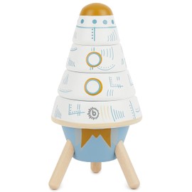 Bieco Stacking Tower Wooden Rocket, 16 cm, Plug-In Game from 1 Year, 5 Pieces Toy Rocket Plug-in Pyramid, Modern Wooden Toy Baby, Stack Building Blocks Wood, Motor Skills Toy Baby, Stack Wooden Ring