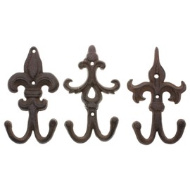 Comfify Set of 3 - Cast Iron Fleur De Lis Double Wall Hooks/Hangers - Decorative Wall Mounted Coat Hook - Rustic Cast Iron - with Screws and Anchors CA-1504-30-BR