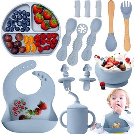 14pzs Vajillas Platos para Bebe Silicona, Set Alimentacion Complementaria Bebe, Plato para Bebe con Ventosas, Baberos Ajustable, Sin BPA, Fácil de Lim
