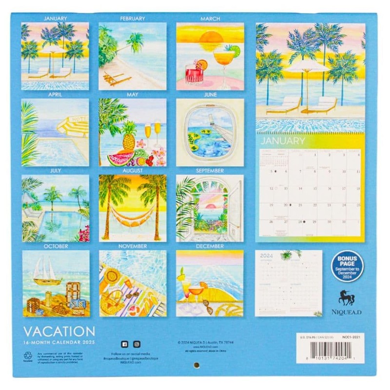 NIQUEA.D Vacation 2025 Wall Calendar