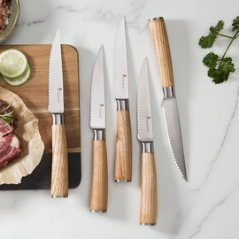 kangdelun Natura Series 4.5” Serrated Steak Knife Set of 8, High Carbon Stainless Steel, Wooden Handle