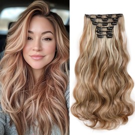 Cybelleza 48 cm Clip-In Hair Extensions, Hairpiece Like Real Hair, 6 Pieces, Hair Extensions, Clip-In Hairpiece, Wavy Hair Thickening, Synthetic Hair, Light Brown & Blonde